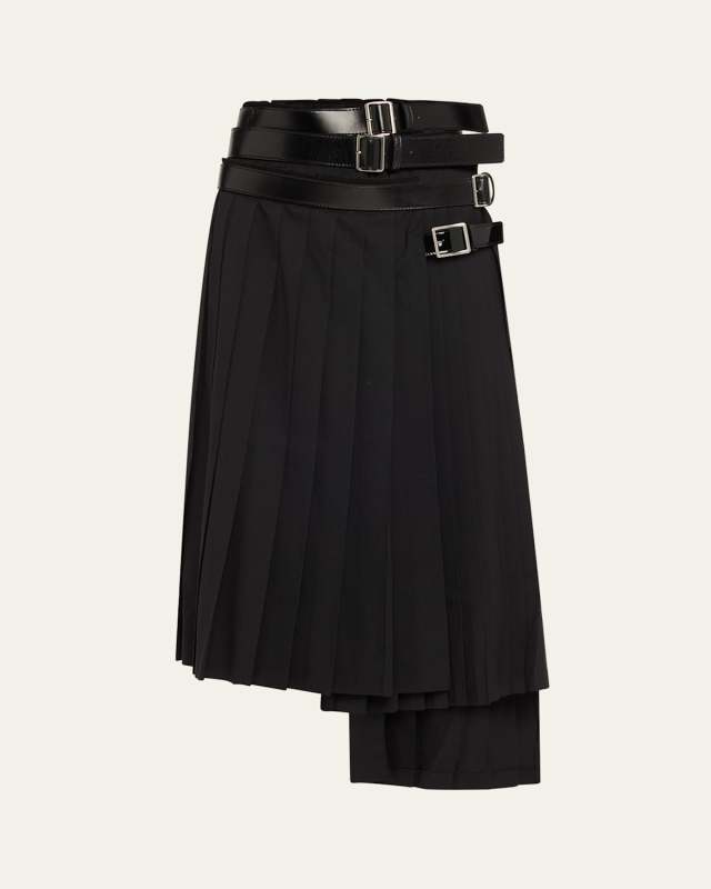 Multi-Buckle Pleated Midi Skirt